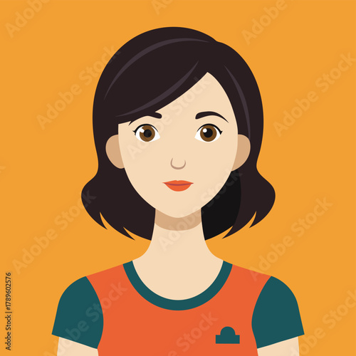 Young adult woman avatar with short dark hair and neutral expression