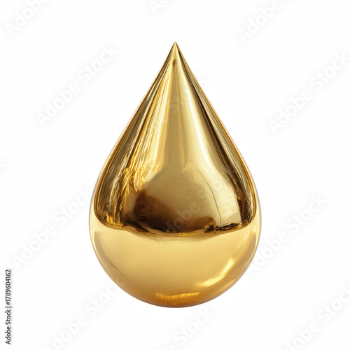 3D golden droplet with smooth teardrop shape and shiny reflective surface isolated on transparent background