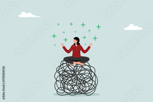 Meditation or relaxation to reduce anxiety, control emotions during problem solving, woman meditating lotus on the chaos of messy lines with positive energy.