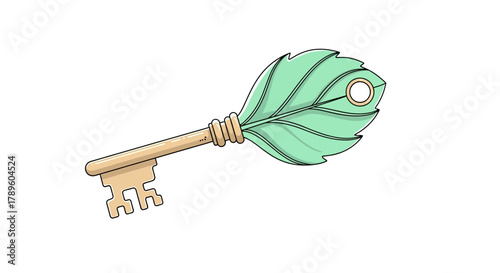 Nature's Key A Botanical Illustration of a Key with a Leafy Design, Representing Access and Secrets