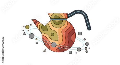 Creative conceptual illustration of a coffee pot with a topographic pattern surrounded by abstract geometric shapes and orbits