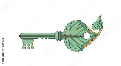 Stylized illustration of an antique key adorned with detailed green leaf patterns, symbolizing access to nature's secrets, growth, and new possibilities