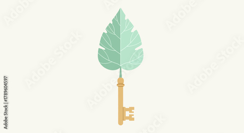 Minimalist flat vector design of a leaf key, an icon for unlocking ecological potential, environmentalism, and a green future for sustainability