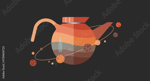 Vibrant conceptual illustration of a gradient teapot with orbiting celestial spheres, symbolizing cosmic warmth, imaginative brewing, and universal harmony