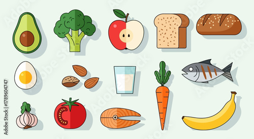 A colorful assortment of healthy food items including fruits, vegetables, nuts, dairy, and protein sources, presented in a flat design style