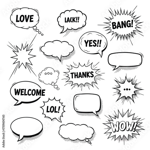 Collection of hand drawn comic book speech bubbles