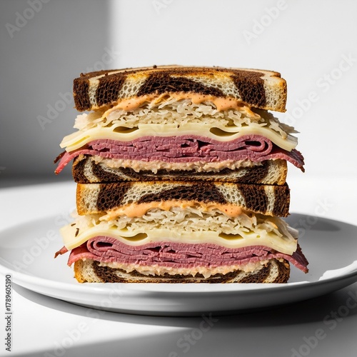 Towering Reuben Sandwich Layers on Marbled Rye Bread, Studio Shot.
