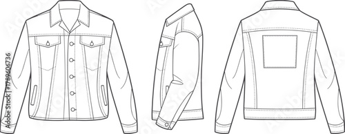 Modern denim jacket CAD fashion flat sketch, front side and back technical vector illustration, casual streetwear clothing design template for apparel designers