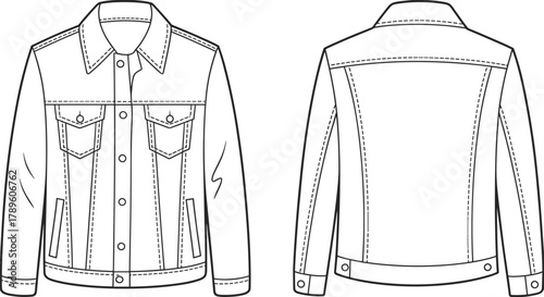 Modern denim jacket CAD flat technical fashion vector illustration, front and back view clothing design template