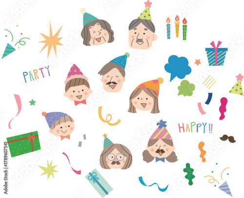 パーティーを楽しむ人々とアイコンのセット