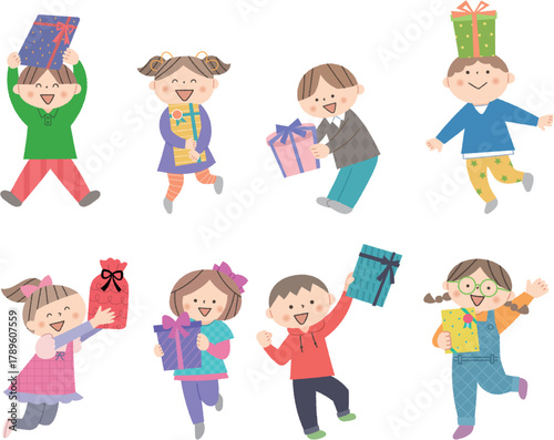 プレゼントをもらって喜ぶ子どものセット