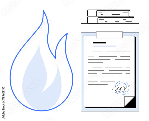 Flame beside a signed document and books symbolizes urgency, legal matters, education, and responsibility. Ideal for law, knowledge, urgency, legal risk commitment education official process. A