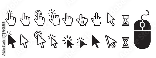Computer mouse cursor and hand pointer icon collection for digital UI and web design projects in black and white vector style
