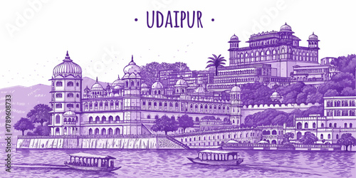 Udaipur Skyline Sketch with Lake Pichola, City Palace, Jag Mandir, and Monsoon Palace – Cultural Line Art for Travel Posters, Souvenirs, and Tourism Branding
