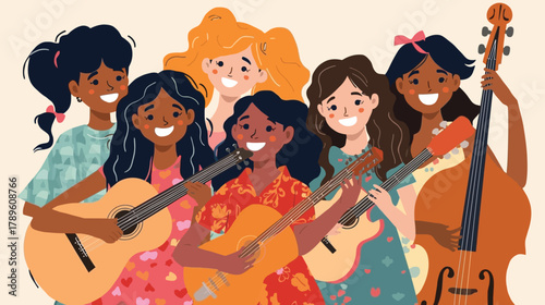 Vector of multi-ethnic kids playing musical instruments together, joyful expressions