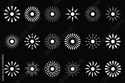 Sunburst, sun light ray. Vintage graphic set of light rays, sunburst and rays of sun. Star burst, light ray, sun ray, blast, shine, beam, glow, fire works classic vintage retro set. eps 10