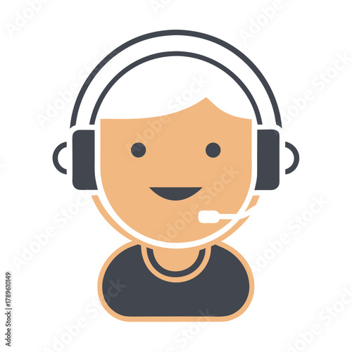 Customer Support Avatar, Smiling Call Center Agent with Headset, Flat Vector Icon, Isolated on White Background