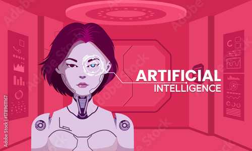 Female AI cyborg robot with human-like appearance, artificial intelligence technology, sci-fi laboratory background.