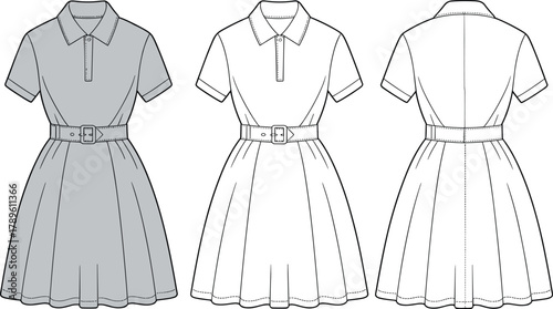 Collared pleated dress sketch, short sleeve fashion illustration, belted waist garment design, gray front back view, apparel flat template