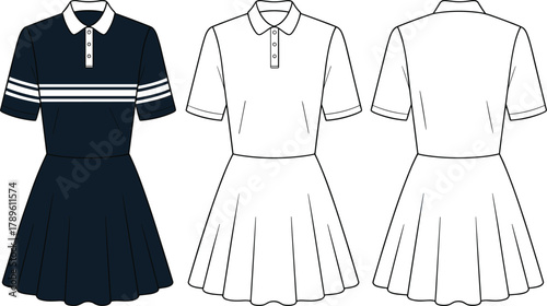 Collared pleated dress sketch, short sleeve fashion illustration, navy striped garment design, front back view template, stylish skirt drawing