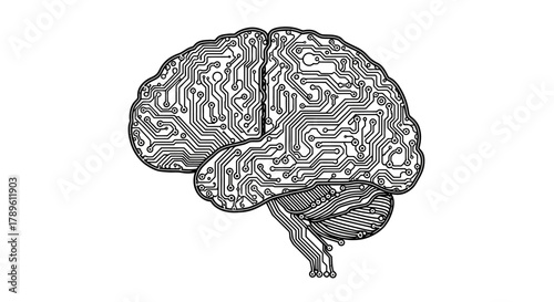 Stylized brain illustration with circuit board pattern representing artificial intelligence and neural networks isolated on white