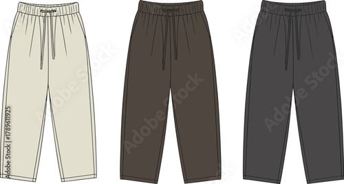 Drawstring pants sketch, relaxed fit trousers illustration, fashion design template, beige brown gray pants, elastic waist garment, apparel flat sketch