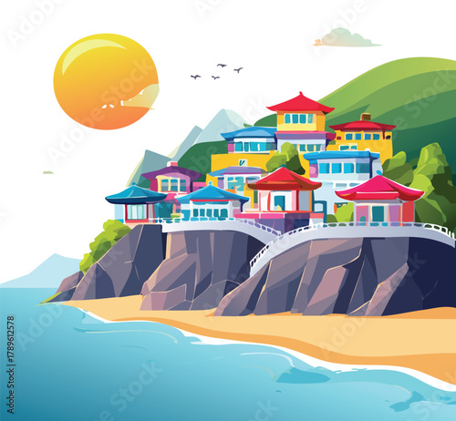 Serene coastal village with colorful architecture, a tranquil seaside retreat under a warm sun, perfect for travel posters or vacation promotions