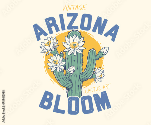 Vintage Arizona Bloom Art.Retro Cactus Flower Graphic.Desert Saguaro Print Design.Southwestern Botanical Badge.Blooming Cactus Illustration