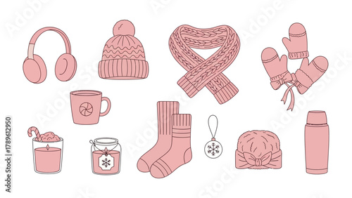 Winter Wonderland: A charming assortment of winter essentials in a delightful illustration, including warm accessories. perfect for capturing the essence of the cold season.