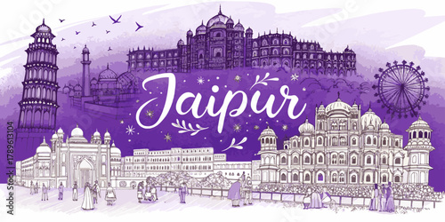 Jaipur Skyline Sketch with Amber Fort, Hawa Mahal, City Palace and Jal Mahal – Hand Drawn Cultural Art for Travel Poster, Souvenir and Tourism Branding