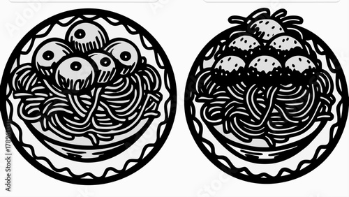 Delicious spaghetti and meatballs doodle art, perfect for Italian restaurant branding and design projects