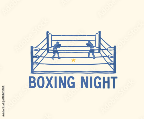 Boxing Ring Vintage Art.Retro Fight Night Illustration.Hand Drawn Combat Sport Print.Classic Boxing Match Graphic.Sport Emblem Design