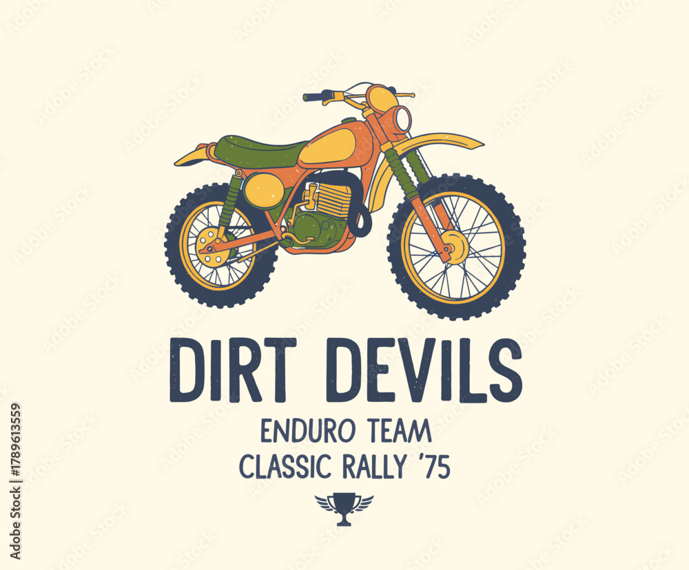 Fototapeta premium Classic Rally Dirt Bike Art.Retro Enduro Team T-shirt Print.Vintage Motocross Design.Offroad Motorcycle Emblem.Grungy Trail Bike Graphic