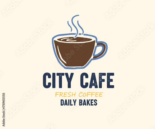 Retro City Cafe Logo Design.Vintage Coffee Shop Emblem.Steaming Mug Distressed Badge.Vector Coffee Cup Illustration.Downtown Cafe Branding Mark