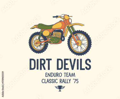 Classic Rally Dirt Bike Art.Retro Enduro Team T-shirt Print.Vintage Motocross Design.Offroad Motorcycle Emblem.Grungy Trail Bike Graphic