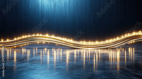 Golden light wave on reflective stage with blue backdrop creating dramatic glow