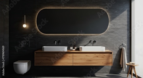 Modern bathroom interior with illuminated mirror, wooden vanity, and minimalist design elements