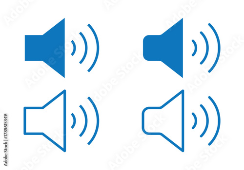 Volume and sound level icon set, speaker audio symbols, sound wave increasing, loudspeaker vector illustration, media control icons, sound adjustment graphics, black and white minimal design