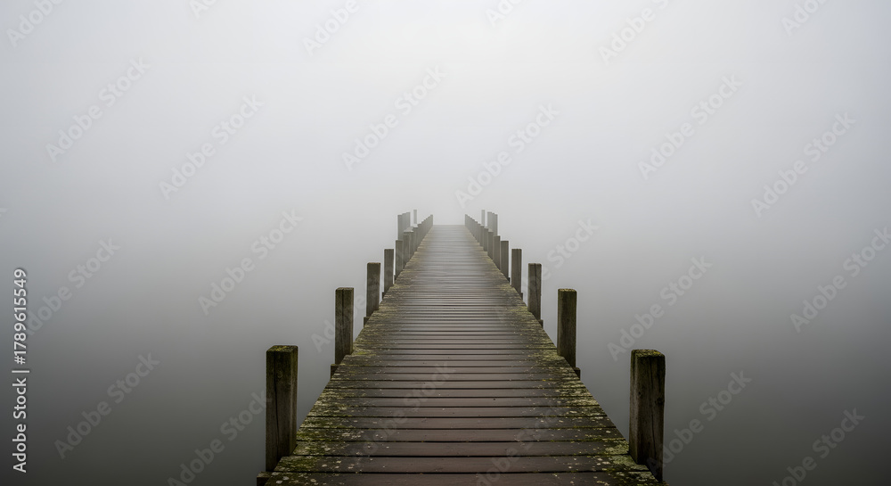 Fototapeta premium Mysterious Wooden Pier Disappearing into Thick Fog Over Calm Water