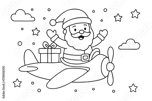 Cute Christmas coloring page of Santa flying an airplane with an open cockpit carrying a big gift box. Fun black and white outline, perfect for kids’ holiday coloring books.