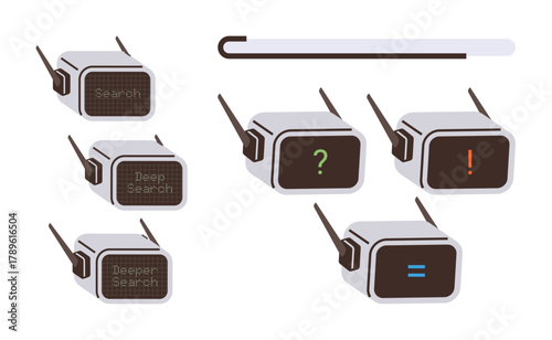 Robots with screens displaying search terms, informational symbols, and result indicators. Ideal for AI, automation, digital research, problem-solving, innovation analytics data technology. Simple