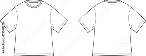 Oversized unisex t-shirt technical flat sketch front and back, loose fit casual fashion apparel outline template for clothing design, cad drawing flat vector illustration