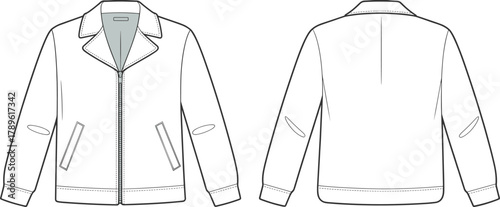 Motorcycle style jacket fashion cad drawing, front and back flat with zipper closure, clean technical apparel vector template