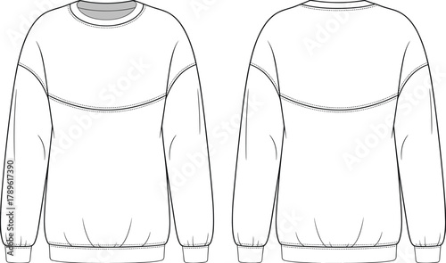 Oversized crew neck sweatshirt fashion flat sketch vector illustration with drop shoulders