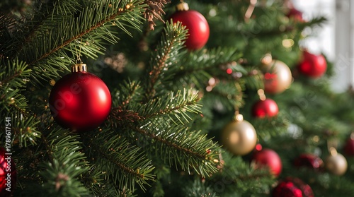 Close-up of red and gold ornaments on christmas tree branches