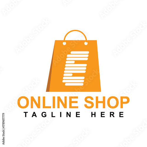 Orange shopping bag with abstract white lines and text that says online shop tagline here, shopping bag, online shop, e-commerce, retail, business, store, bag, orange, white, graphic, design, logo