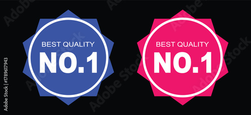 Two distinct award badges with the text best quality number one in blue and pink on a black background award, badge, best quality, number one, no 1, first place, winner, champion, top, premium