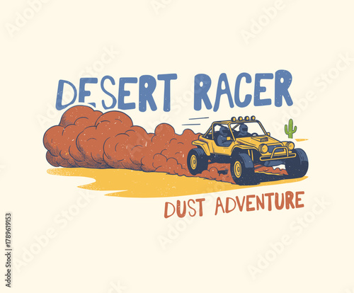 Desert Racer Dust Adventure.Vintage Offroad Buggy Graphic.Retro Dune Buggy Illustration.Rally Race T-shirt Design.Extreme Desert Motor Sport