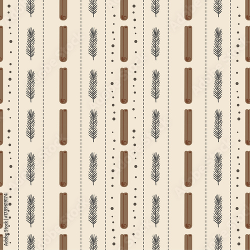 Cinnamon stick striped seamless pattern. Cozy farmhouse flat design vector with stitched lines and pine branches. Eco-conscious holiday background for artisanal textile or kitchen branding.