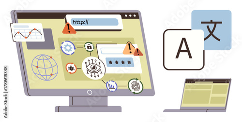 Computer screen with security alerts, translation icons, and internet elements. Ideal for cybersecurity, global communication, language tools, data analysis, online safety, digital risk simple flat
